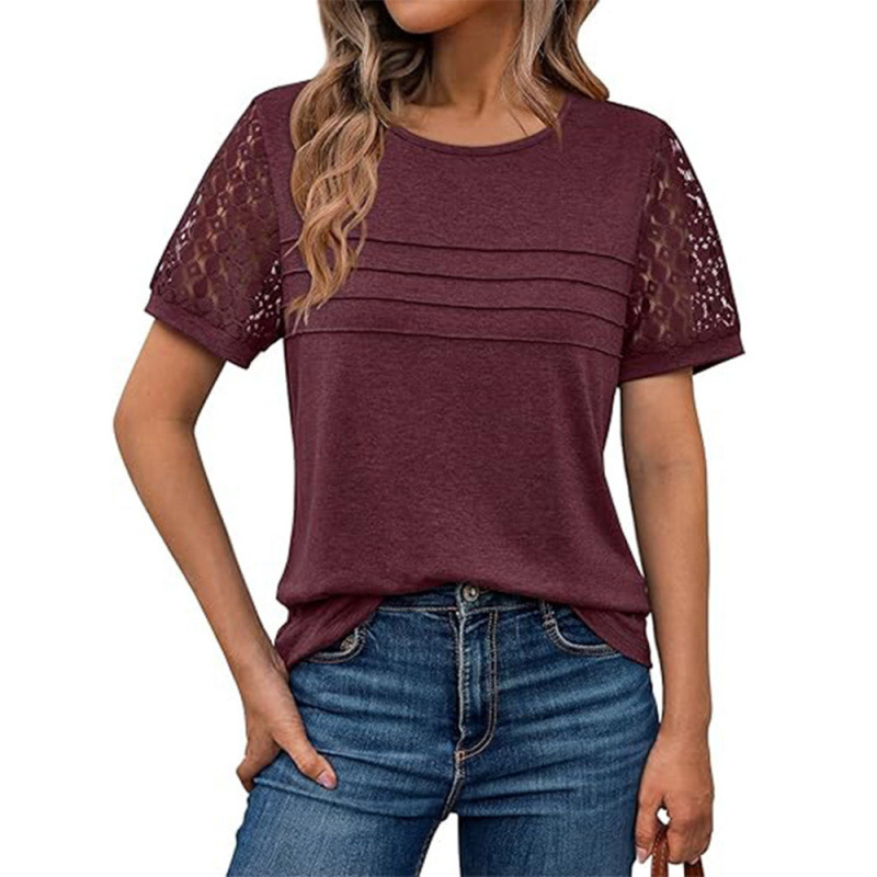 Women's Hollow-Out Round Neck Short Sleeve Lace Panel Loose T-Shirt