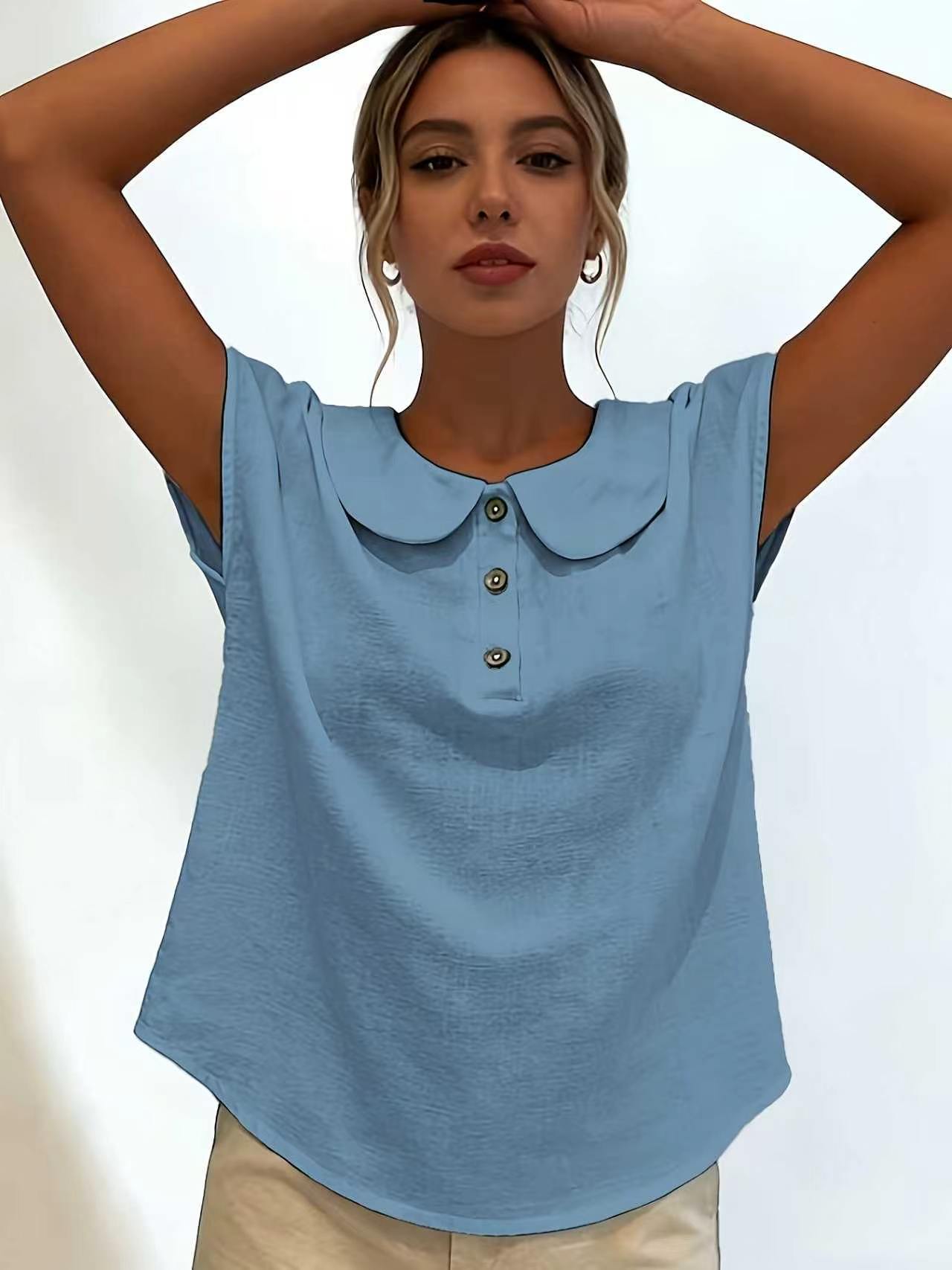 Women's Solid Short Sleeve Button V-Neck Blouse