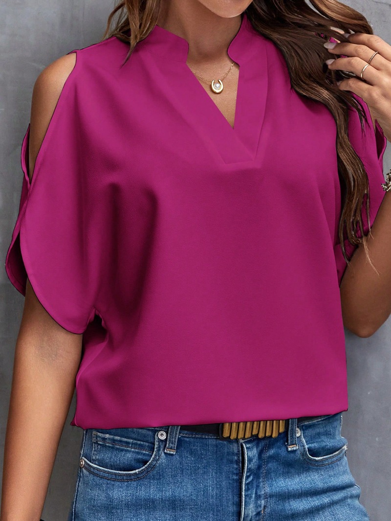 Women's Solid V-Neck Cold-Shoulder Short Sleeve Top