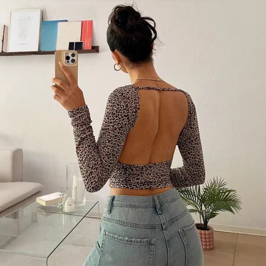Women's Leopard Print Long Sleeve Crewneck T-Shirt