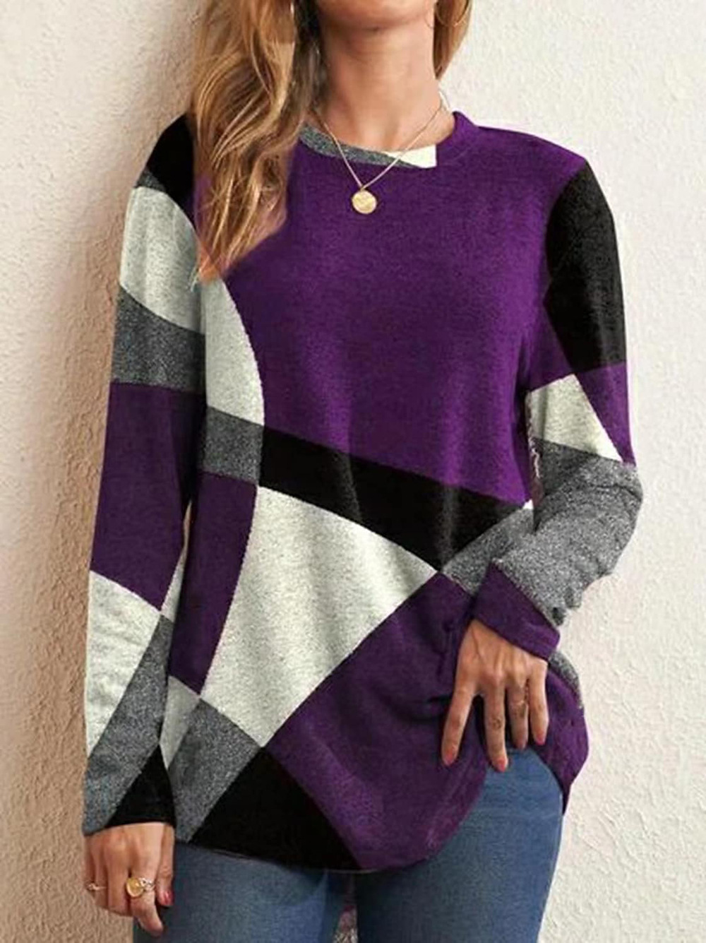 Women's Geometric Colorblock Long Sleeve Crewneck Loose Plus Size T-Shirt