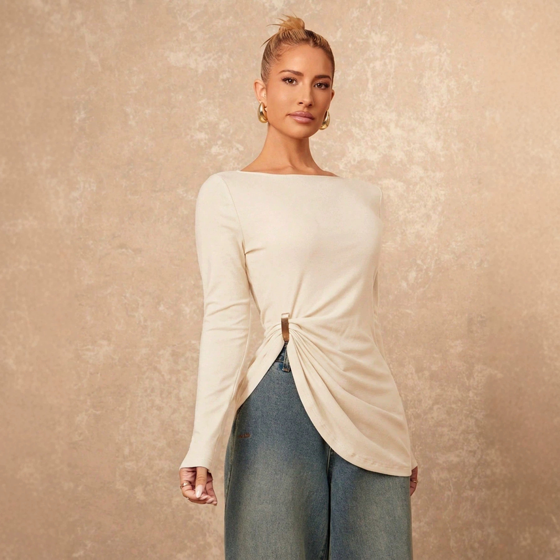Women's Solid Color Asymmetrical Hem Long Sleeve Loose Casual Top