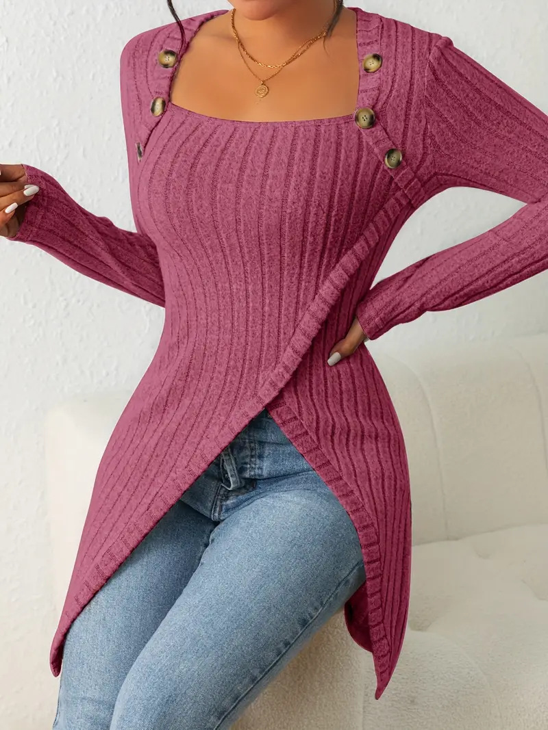 Women's Slim Fit Knit Button-Detail Slit Hem T-Shirt