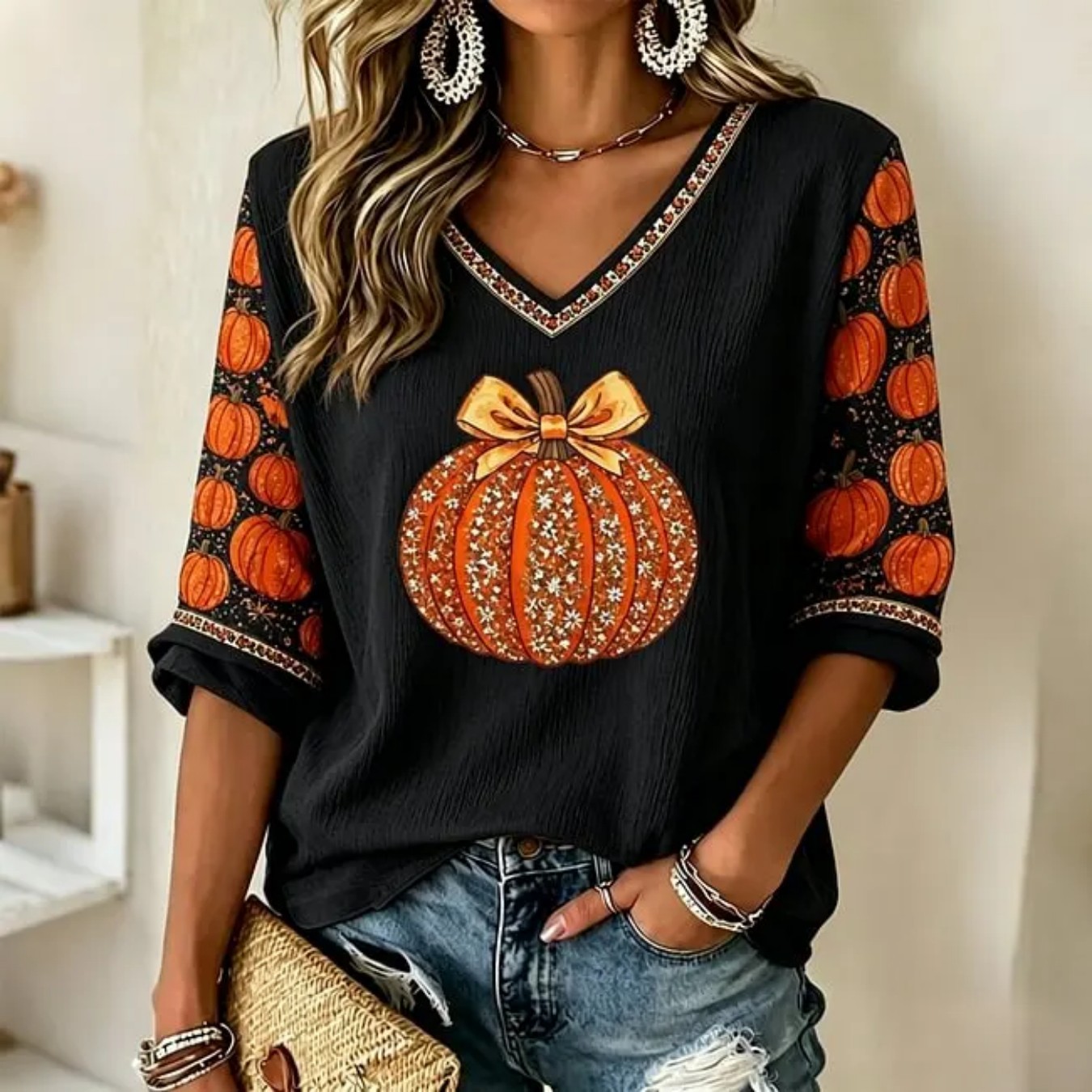 Pumpkin Bow Print V-Neck Half-Sleeve T-Shirt