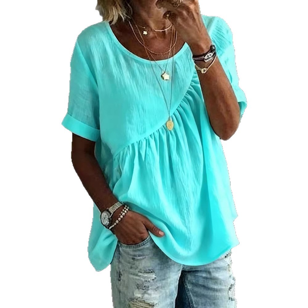 Women's Solid Crewneck Short Sleeve Ruched Top