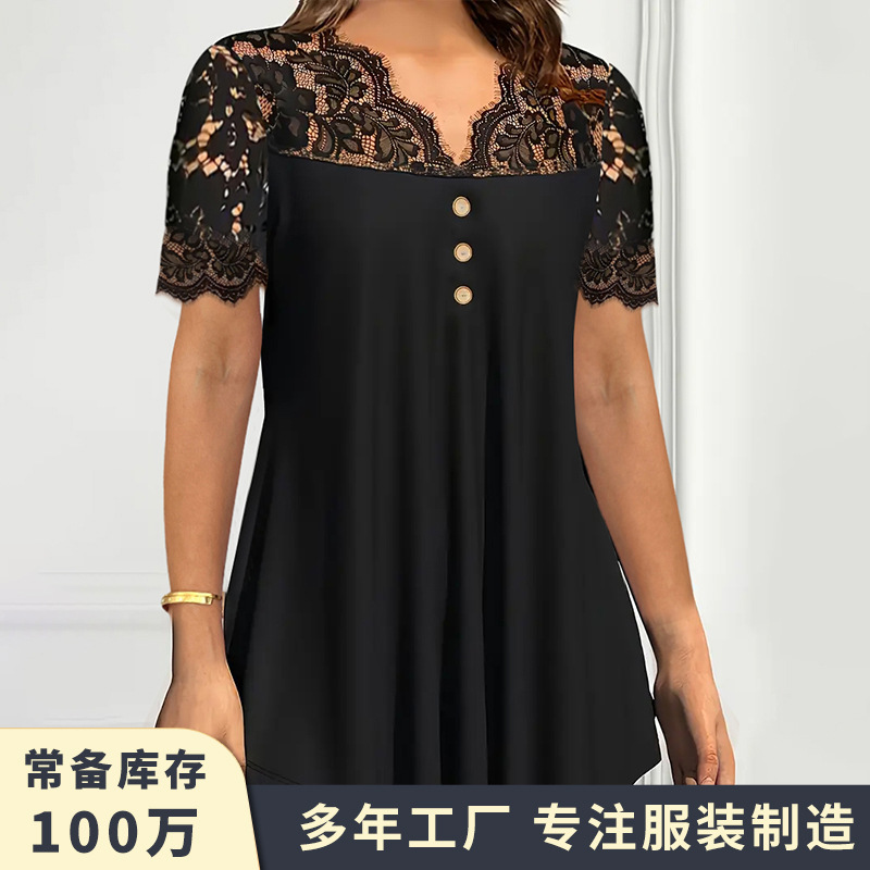 Women's Black Lace Short Sleeve Blouse Casual Chiffon Shirt