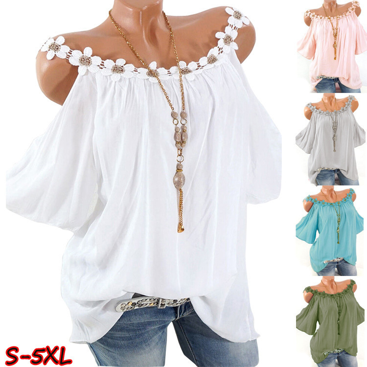 Cross-Border European & American Women's Clothing 2026 Summer Wish Amazon eBay Bestseller Lace Round Neck Off-Shoulder Solid Color T-Shirt for Women