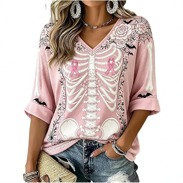 Skeleton Floral Ribbon Print V-Neck Half-Sleeve T-Shirt