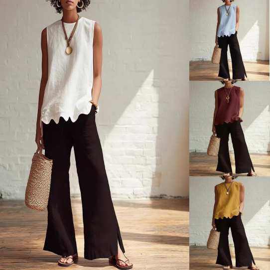 Solid Crewneck Sleeveless Wavy Hem Blouse