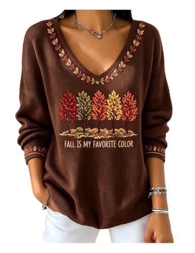Women's V-Neck Long Sleeve T-Shirt with Tree Maple Leaf Print