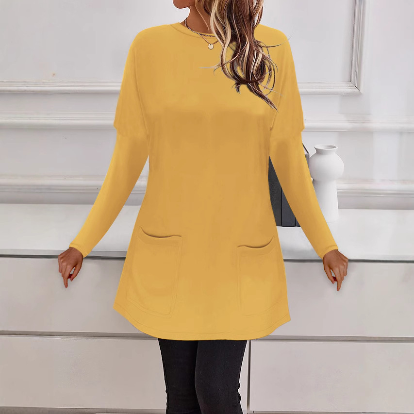 Women's Crewneck Long Sleeve Pocket Loose Casual Top T-Shirt