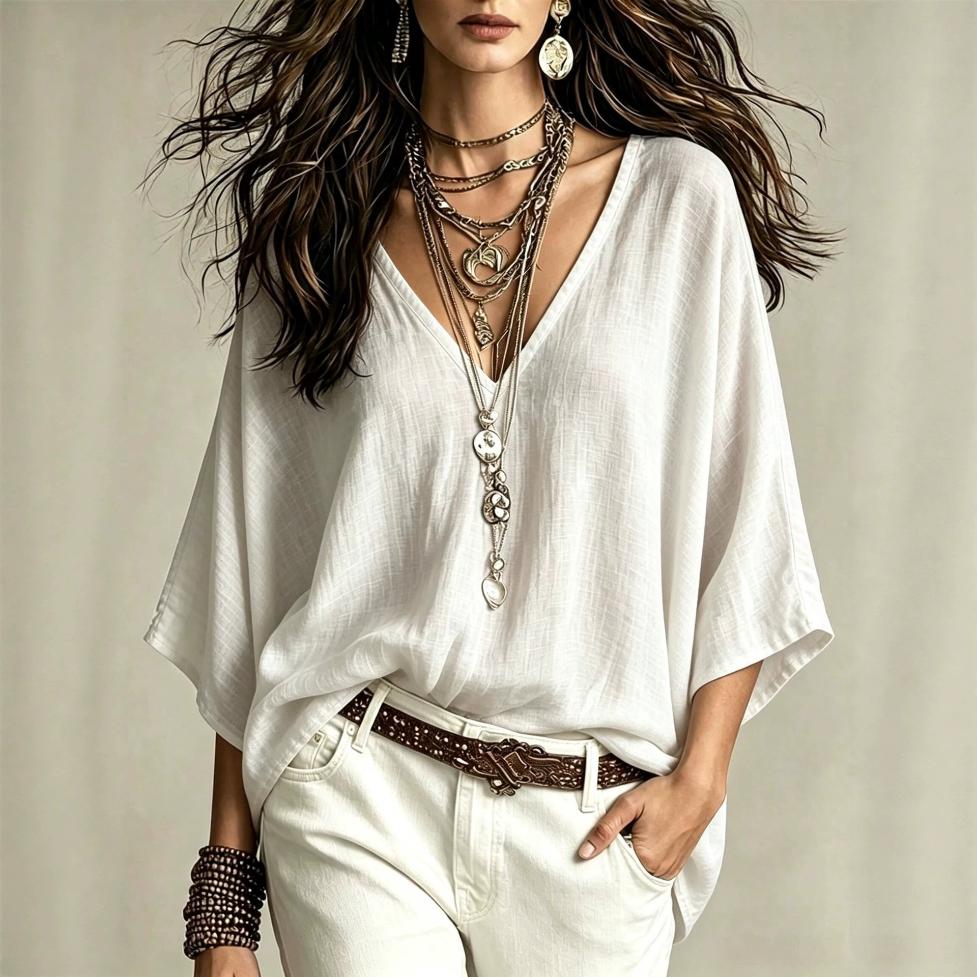 V-Neck 3/4 Sleeve Loose Linen Cotton Casual Women's Top
