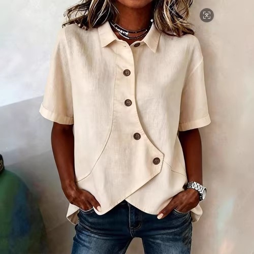 Women's Collared Button Short Sleeve T-Shirt with Irregular Hem
