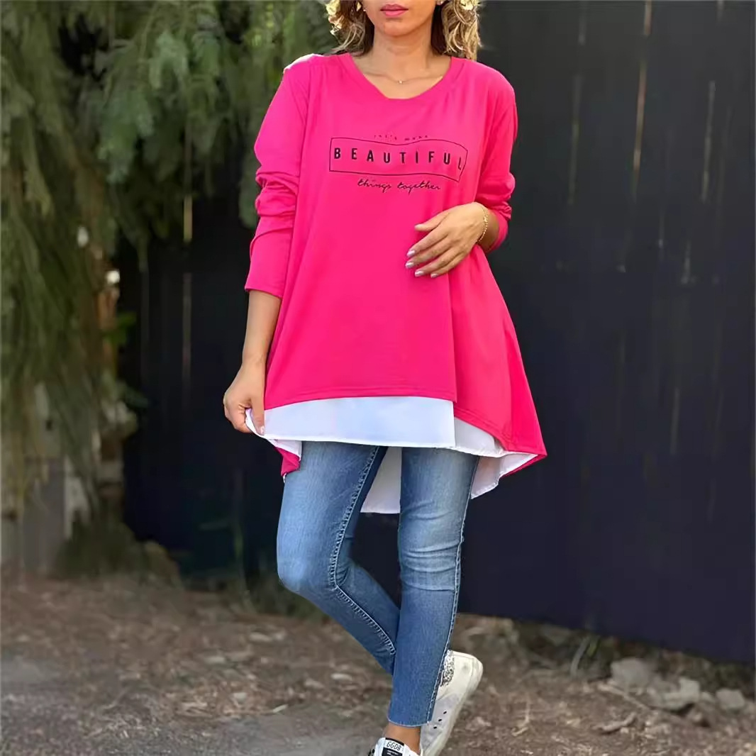 Women's Round Neck Faux Two-Piece Back Button Letter Long Sleeve Top