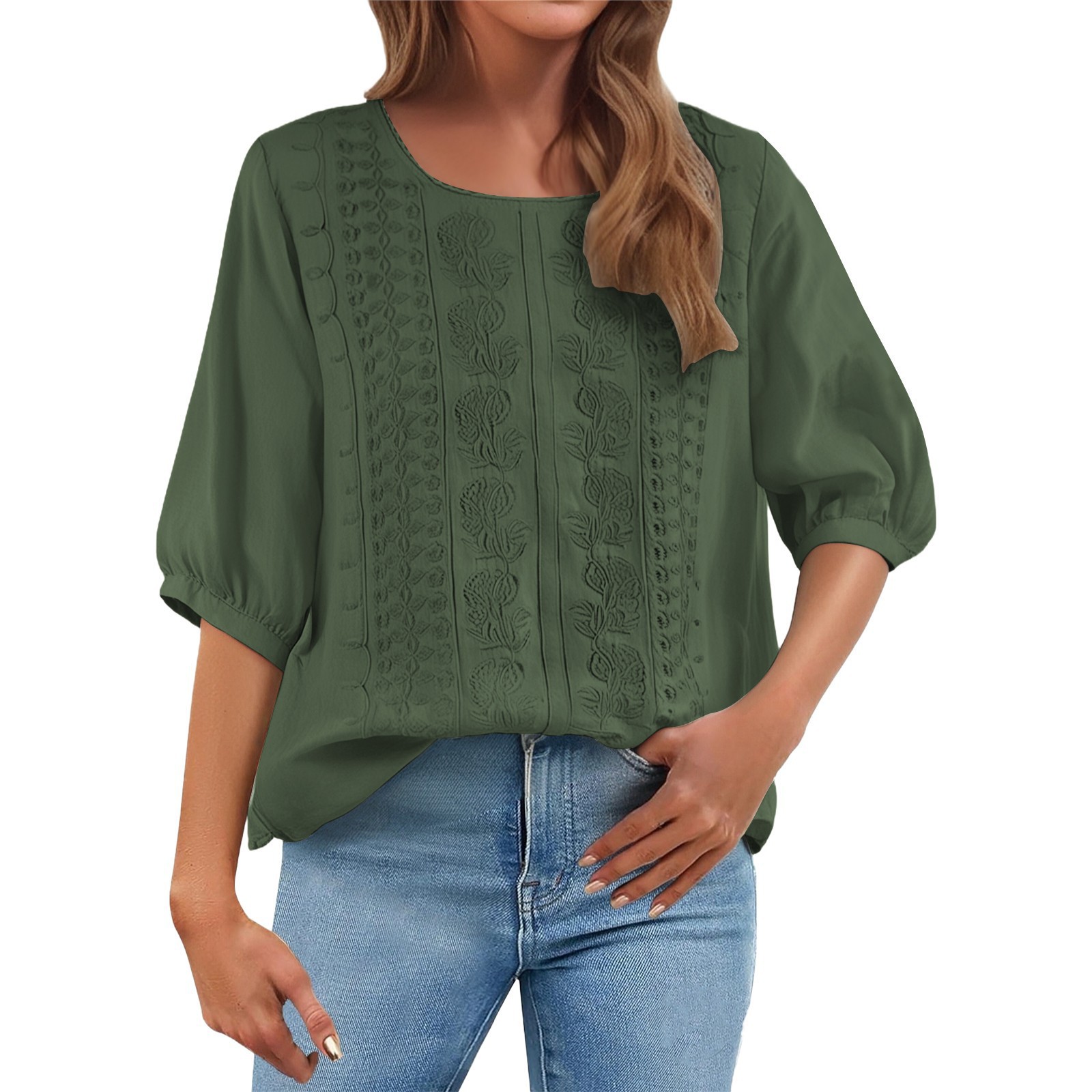 Embroidered Loose Cotton-Linen T-Shirt Women's Retro Round Neck Short Sleeve