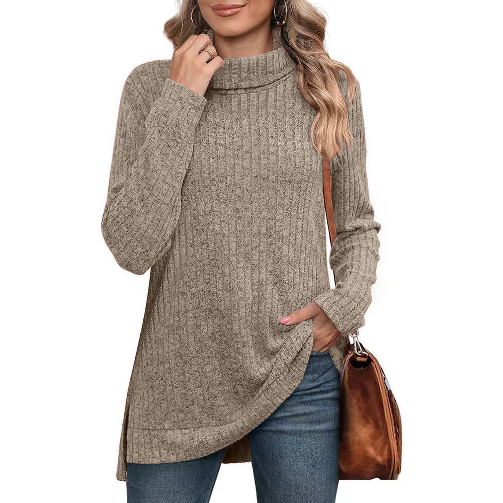 Women's Solid High Neck Slit Ribbed Loose Long Sleeve Top