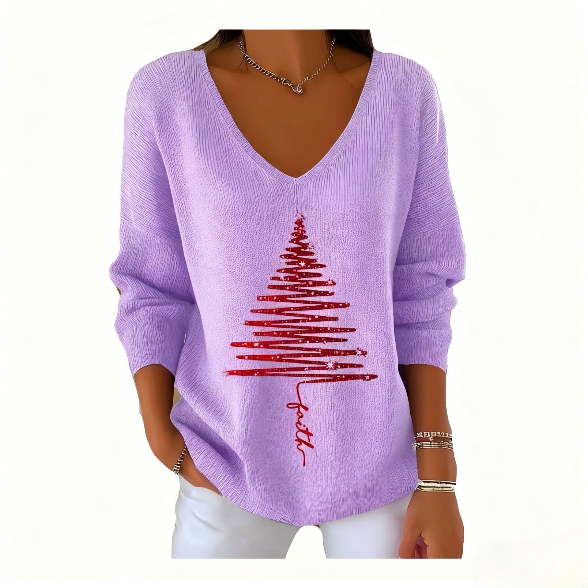 Women's V-Neck Long Sleeve Book & Christmas Tree Print T-Shirt