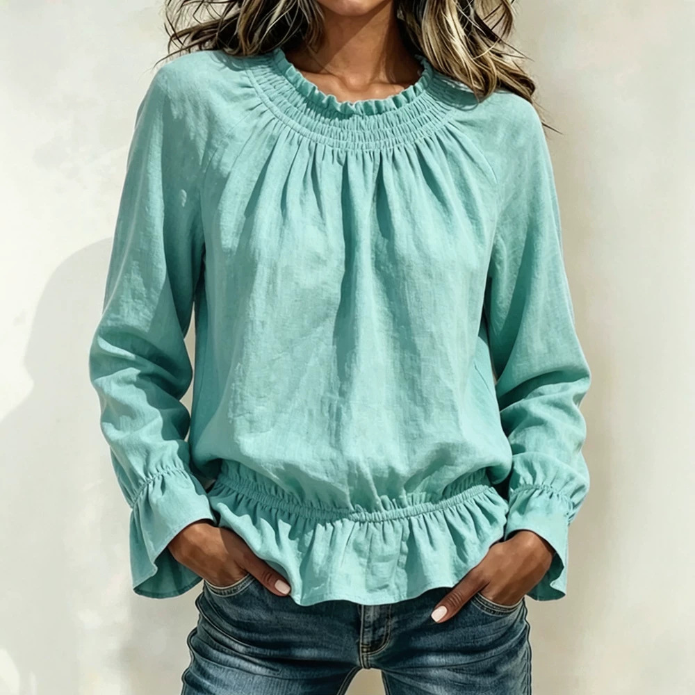 Women's Casual Crewneck Long-Sleeve Ruffle Solid Color T-Shirt