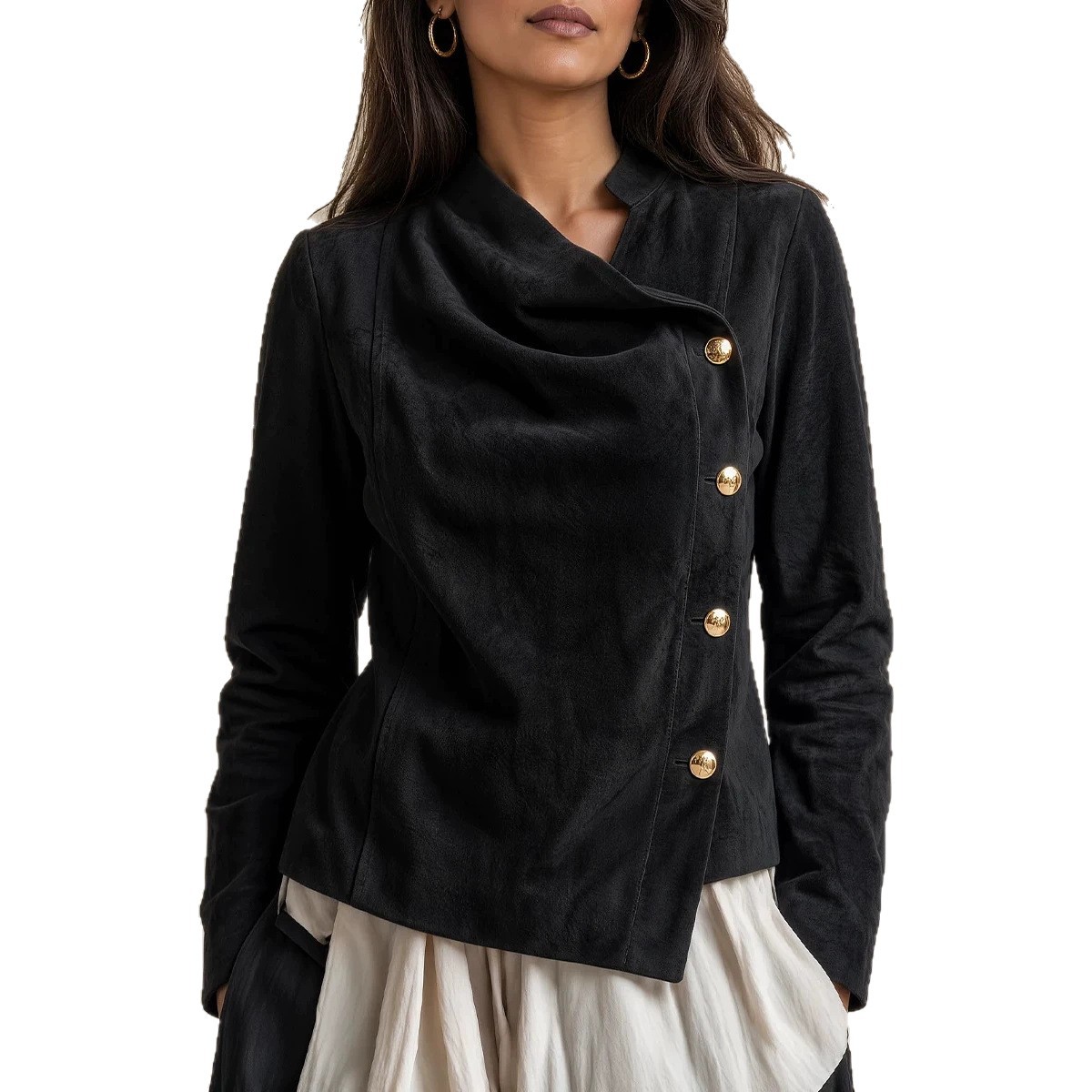 Women's Vintage Pleated Asymmetric Button Stand Collar Long Sleeve Jacket