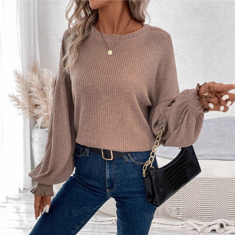 Women's Ribbed Knit Crewneck Long Sleeve Loose T-Shirt