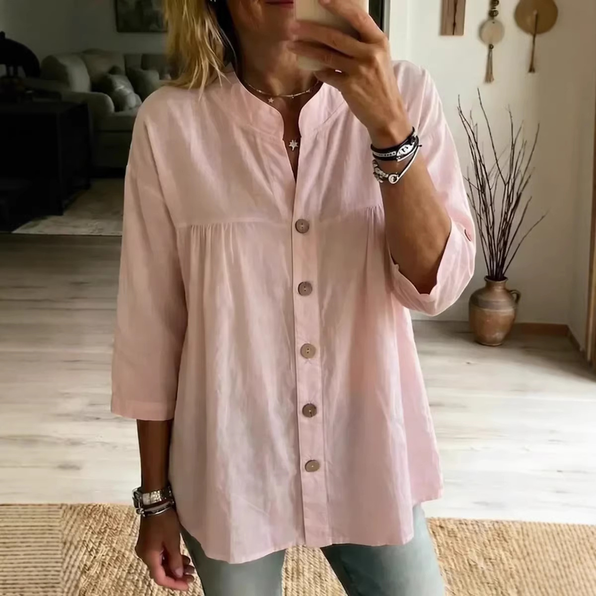 Women's Cotton-Linen Shirt Casual Vintage Solid Color 3/4 Sleeve Top