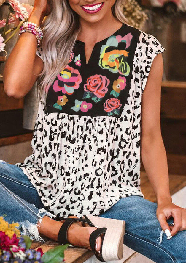 Leopard Print Patchwork Short Sleeve V-Neck T-Shirt for Women