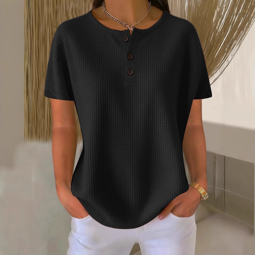 Waffle Knit Crewneck Short Sleeve Pullover Top