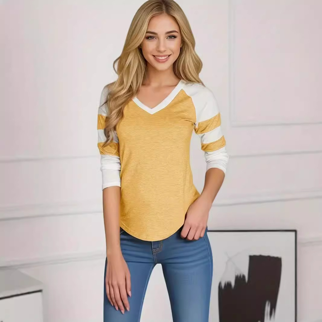 V-Neck Digital Print Loose Plus-Size Long-Sleeve T-Shirt
