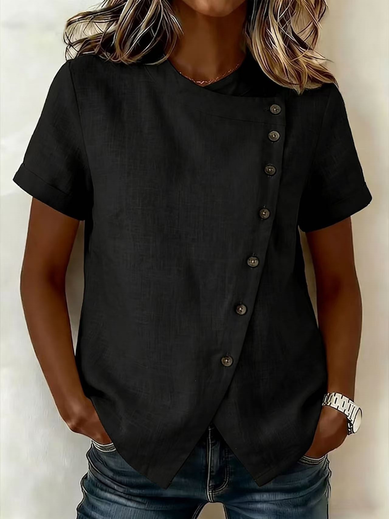 Women's Solid Cross Round Neck Short Sleeve Loose Irregular Top