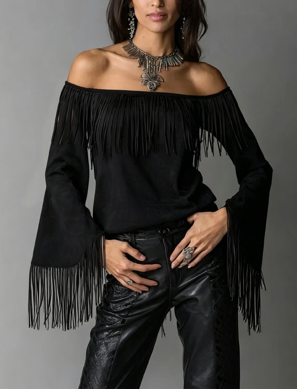 Women's Off-Shoulder Faux Suede Fringe Top with Flared Sleeves