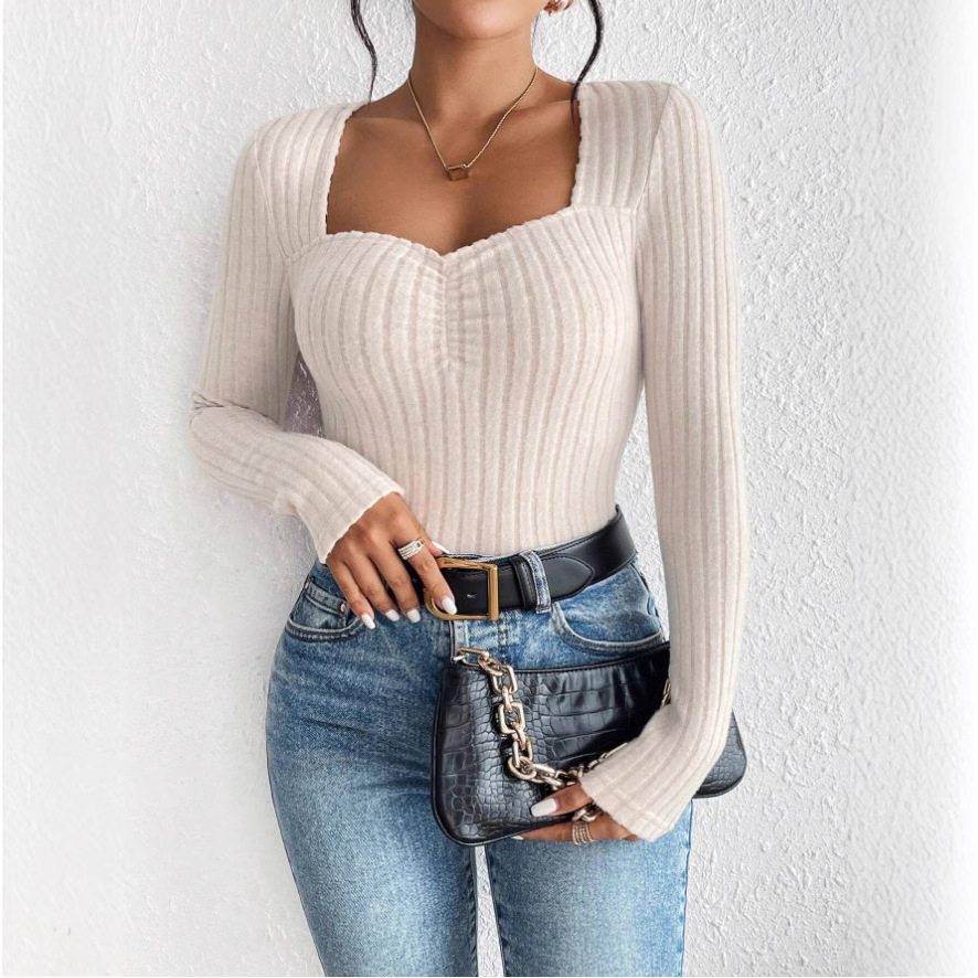 Women's Front Ruched Slim Fit Knit Long Sleeve Top