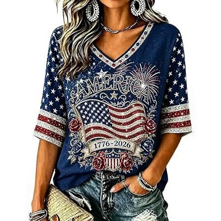 Women's American Flag Firework Print V-Neck Short Sleeve T-Shirt