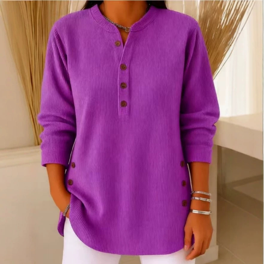Corduroy V-Neck Button Long-Sleeve Loose Casual Top