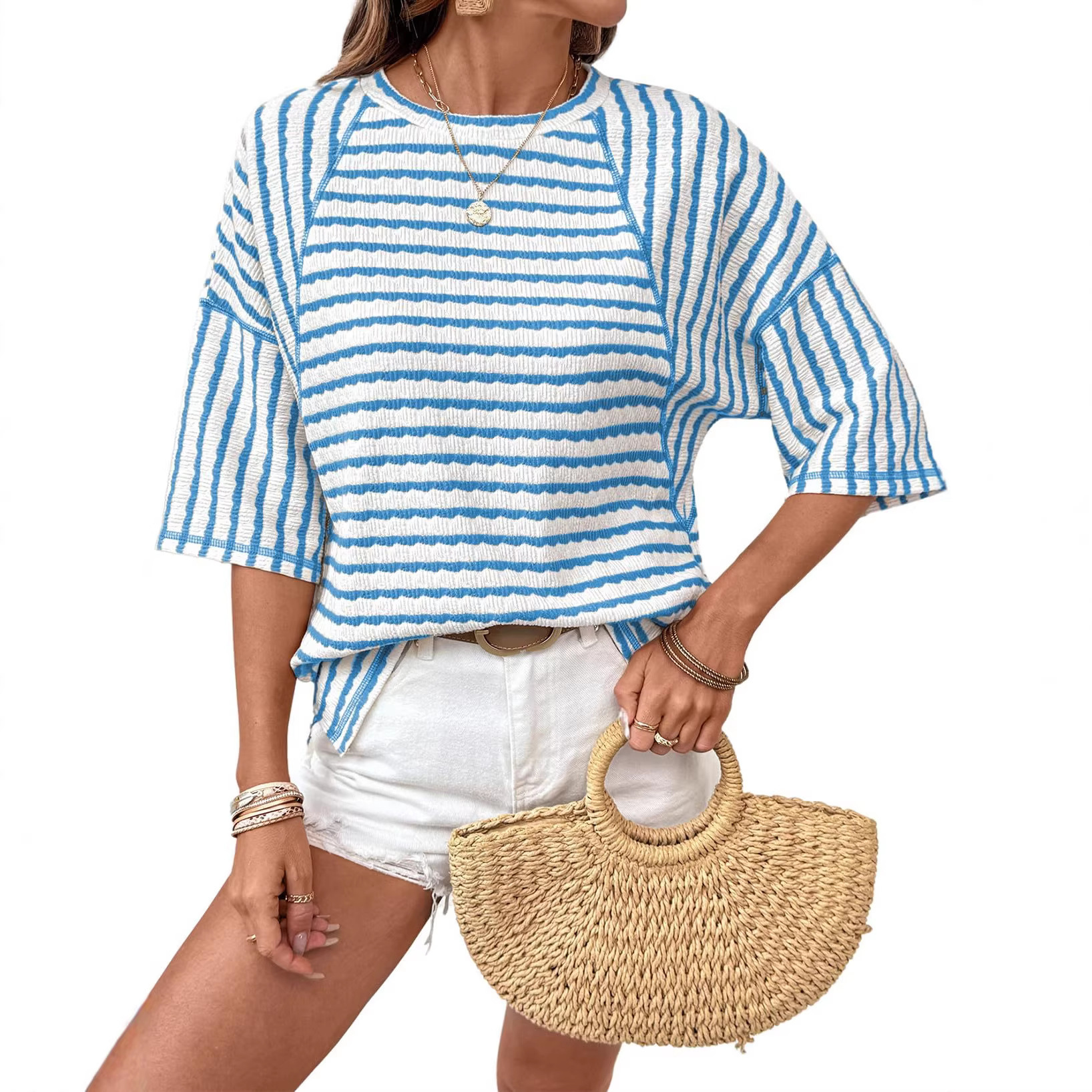 Women's Striped Short Sleeve Crewneck T-Shirt Casual Loose Fit