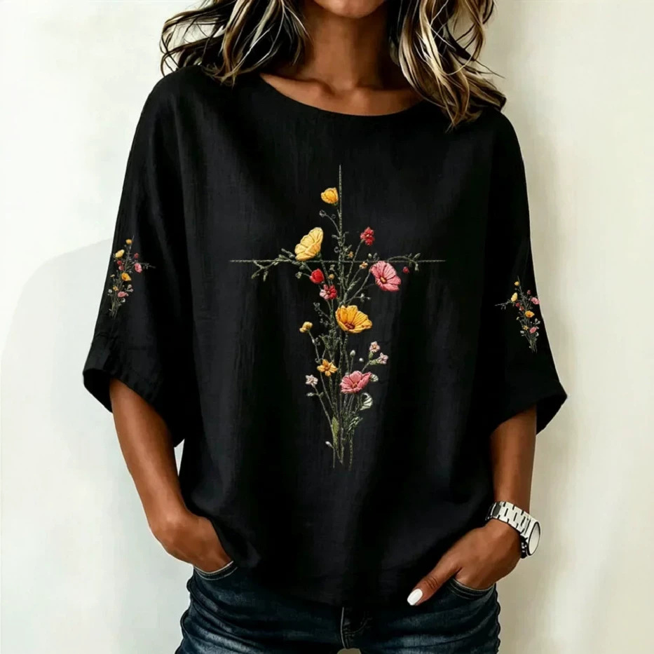 Women's Casual Crewneck 3D Floral Print Mid-Sleeve Top