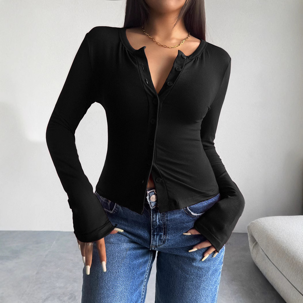 Women's Slim Fit Long Sleeve Button-Front V-Neck T-Shirt