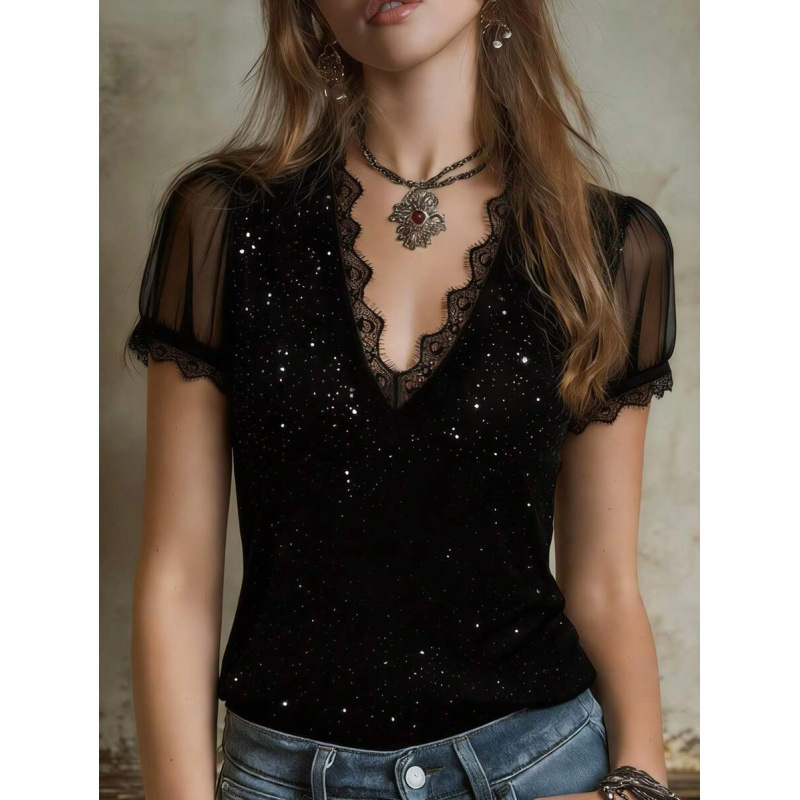 Women's Lace Panel Sheer Short Sleeve Blouse