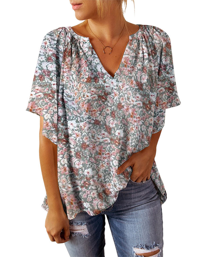 V-Neck Floral Print Short Sleeve Top