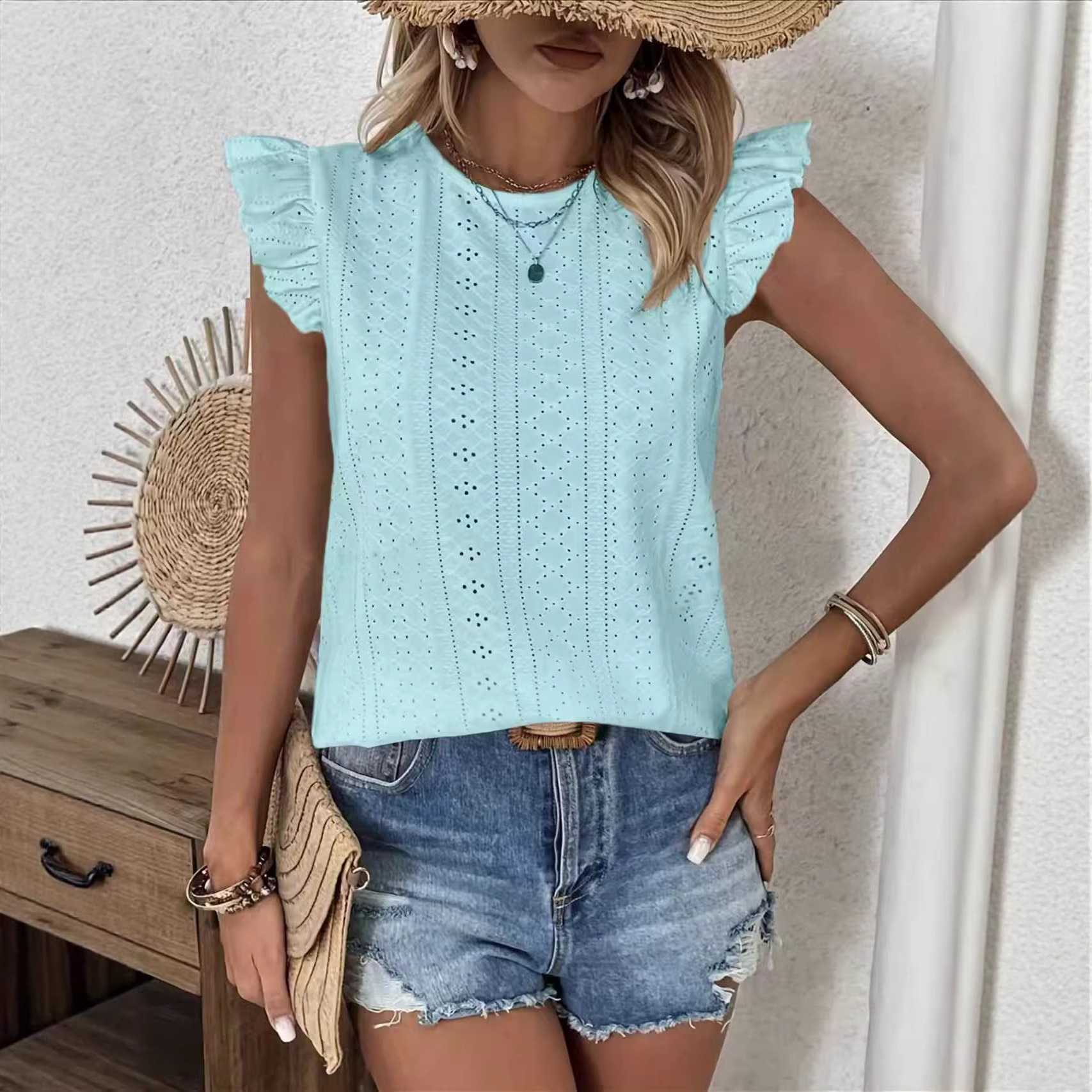 Women's Crewneck Ruffle Sleeve Tie-Back Solid Top