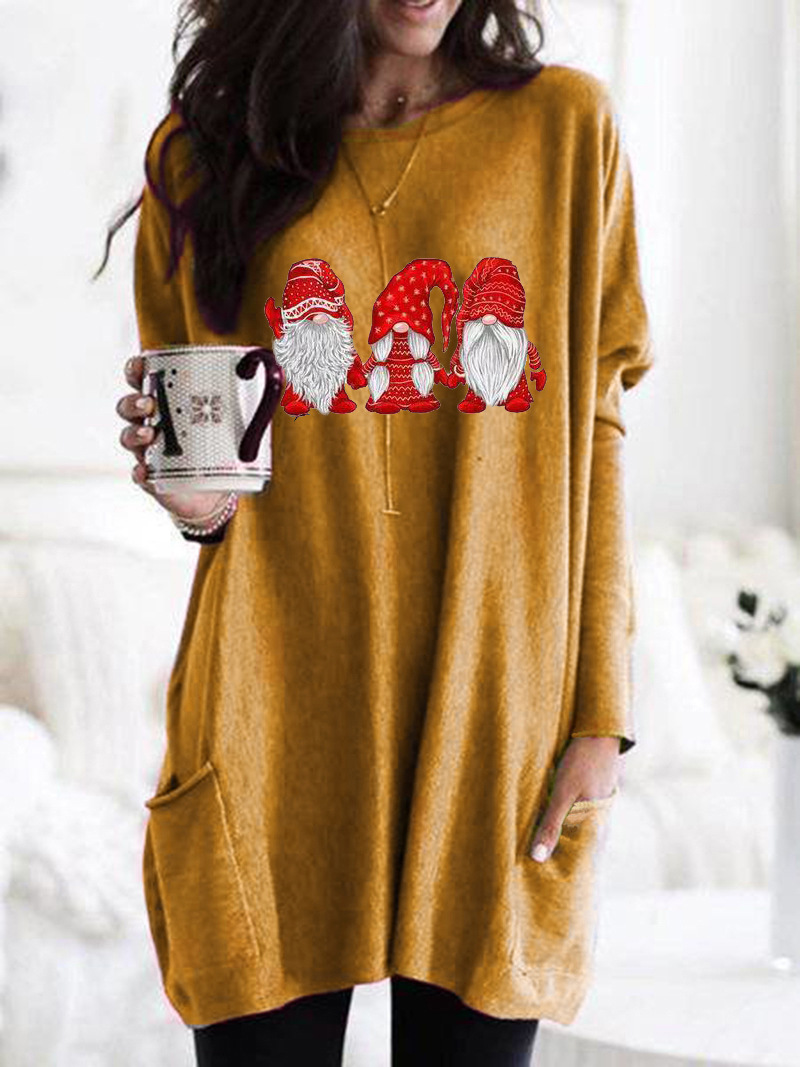Santa Print Long Sleeve Round Neck Pocket Dress