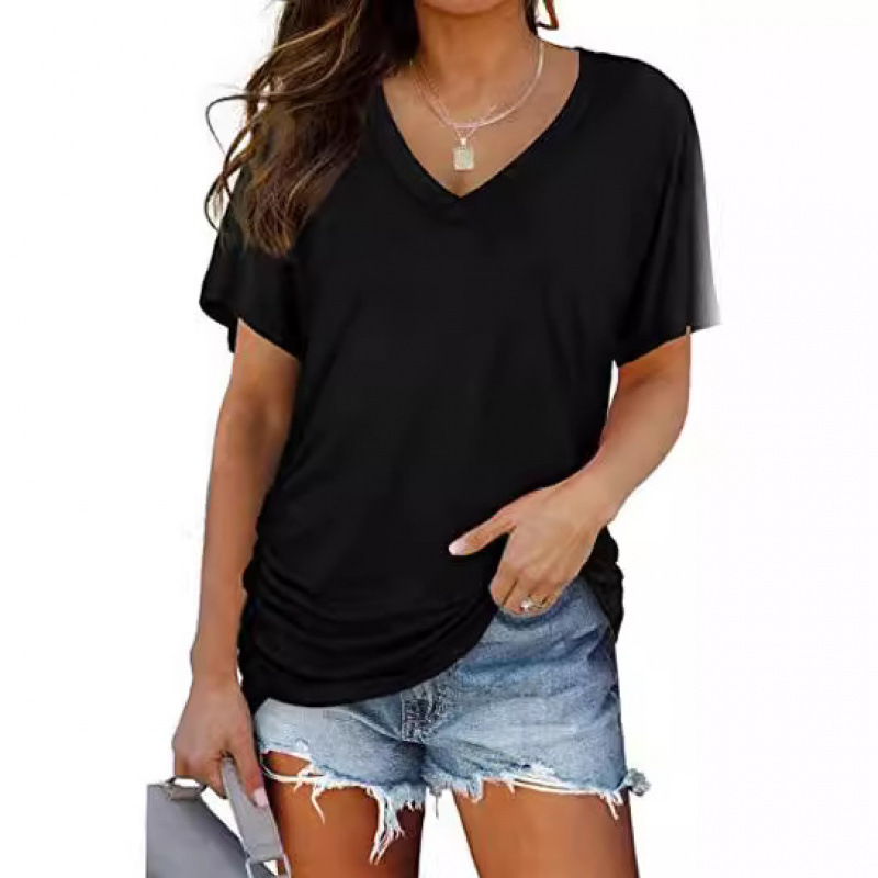 Solid Color Batwing Sleeve V-Neck Side Ruched Short Sleeve T-Shirt