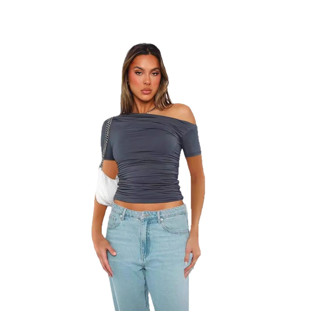 Women's One-Shoulder Ruched Short Sleeve Crop Top
