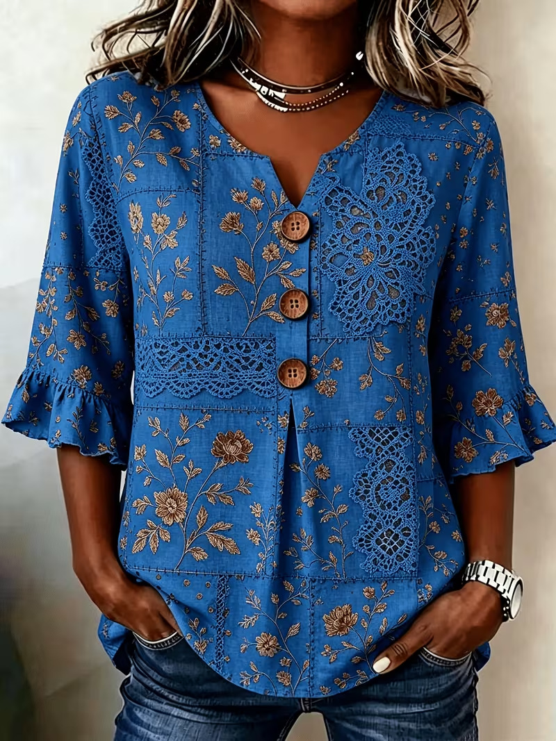 Retro Floral Print Short Sleeve Button-Up Top