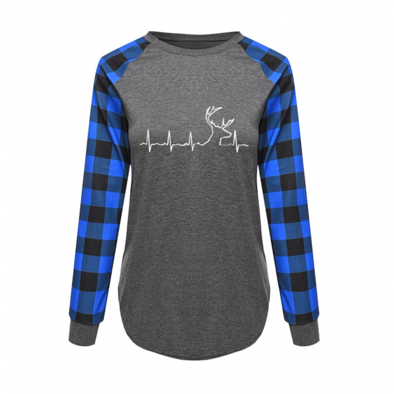 2024 Summer New Cross-Border European and American Women's Clothing Cross-Border European and American Spring and Autumn Plaid Print Round Neck Long Sleeve Top T-Shirt