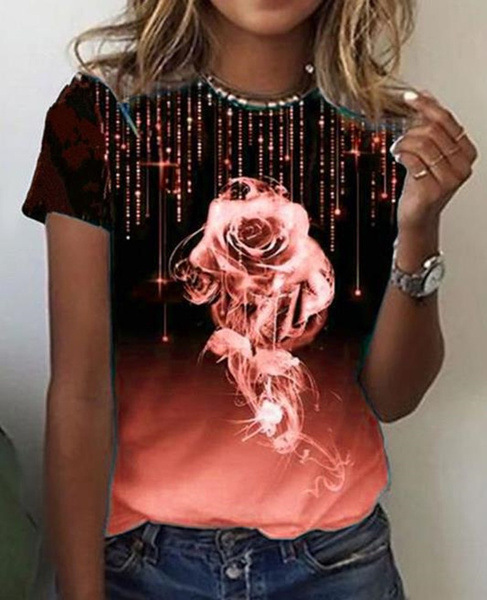 Women's Rose Print Short Sleeve Crew Neck T-Shirt