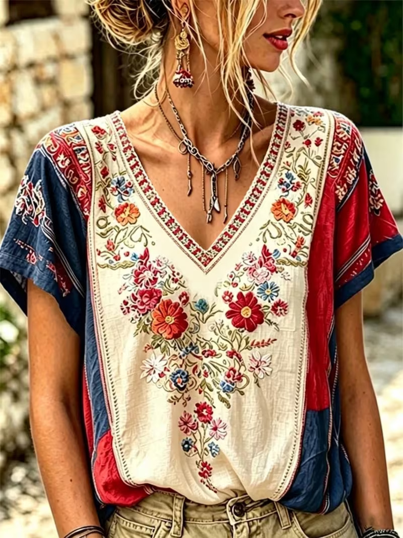Floral Print V-Neck Short Sleeve Women's T-Shirt