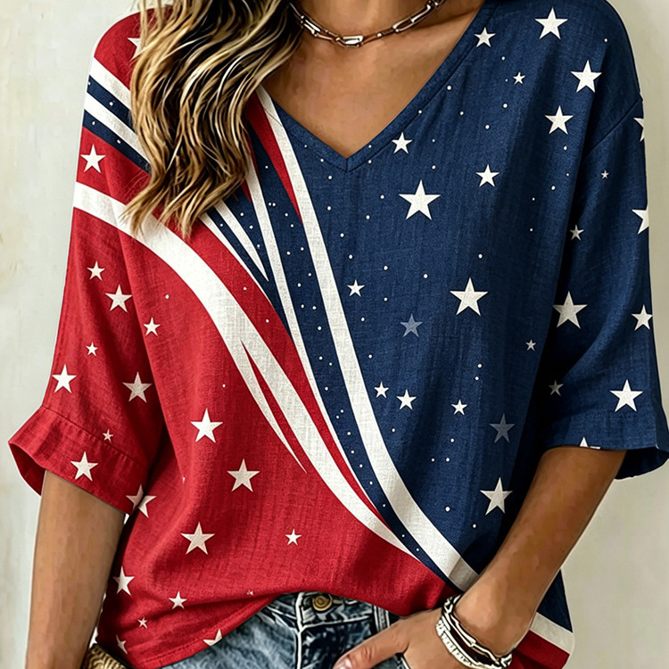 Star Striped Print V-Neck Half-Sleeve T-Shirt for Women
