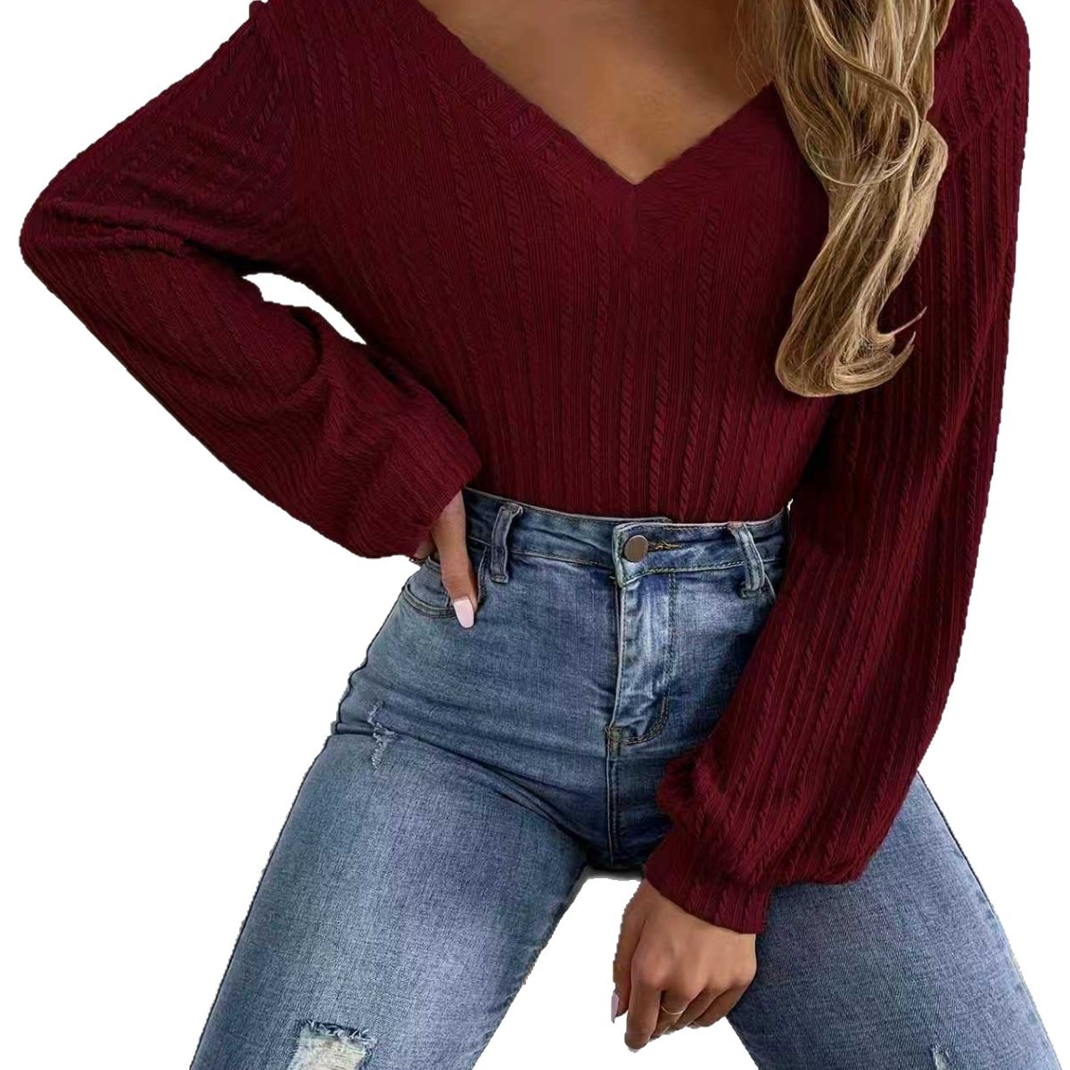 Women's Ribbed V-Neck Long Sleeve T-Shirt Solid Color Casual Top