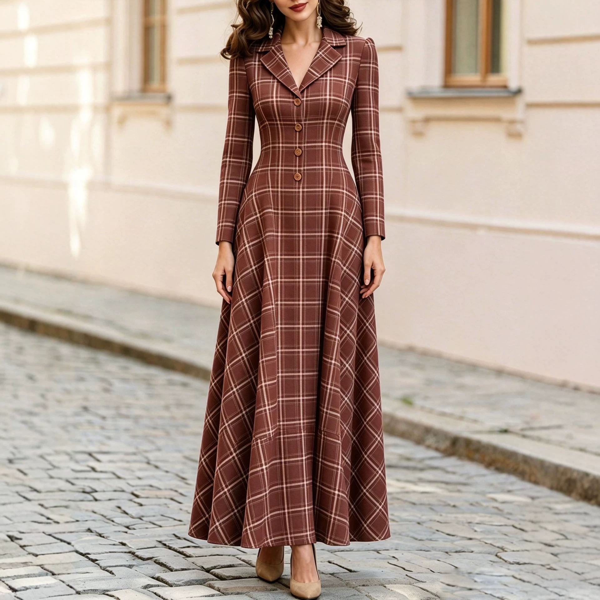 Women's Plaid Button-Front Blazer Dress Long Sleeve High Waist