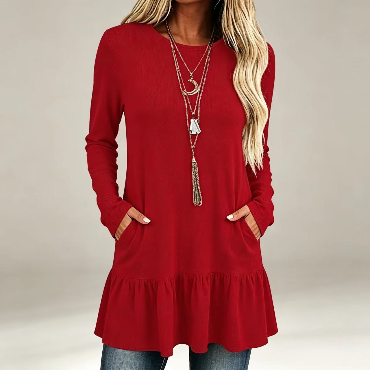 Women's Loose Ruffle Hem Long Sleeve T-Shirt with Pockets